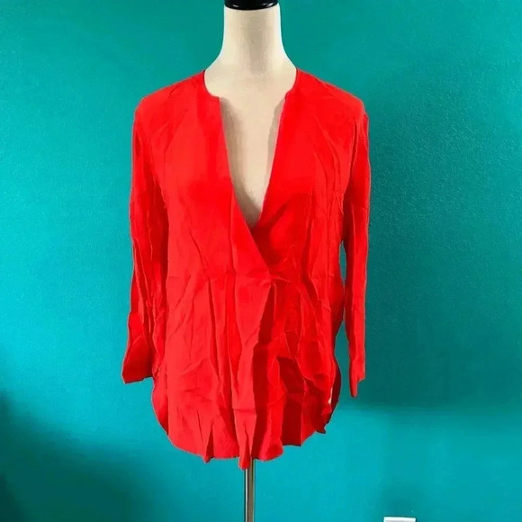 NWT Zara Woman Red Surplice Neck Long Sleeve Career Pullover Blouse Size S - Picture 1 of 4